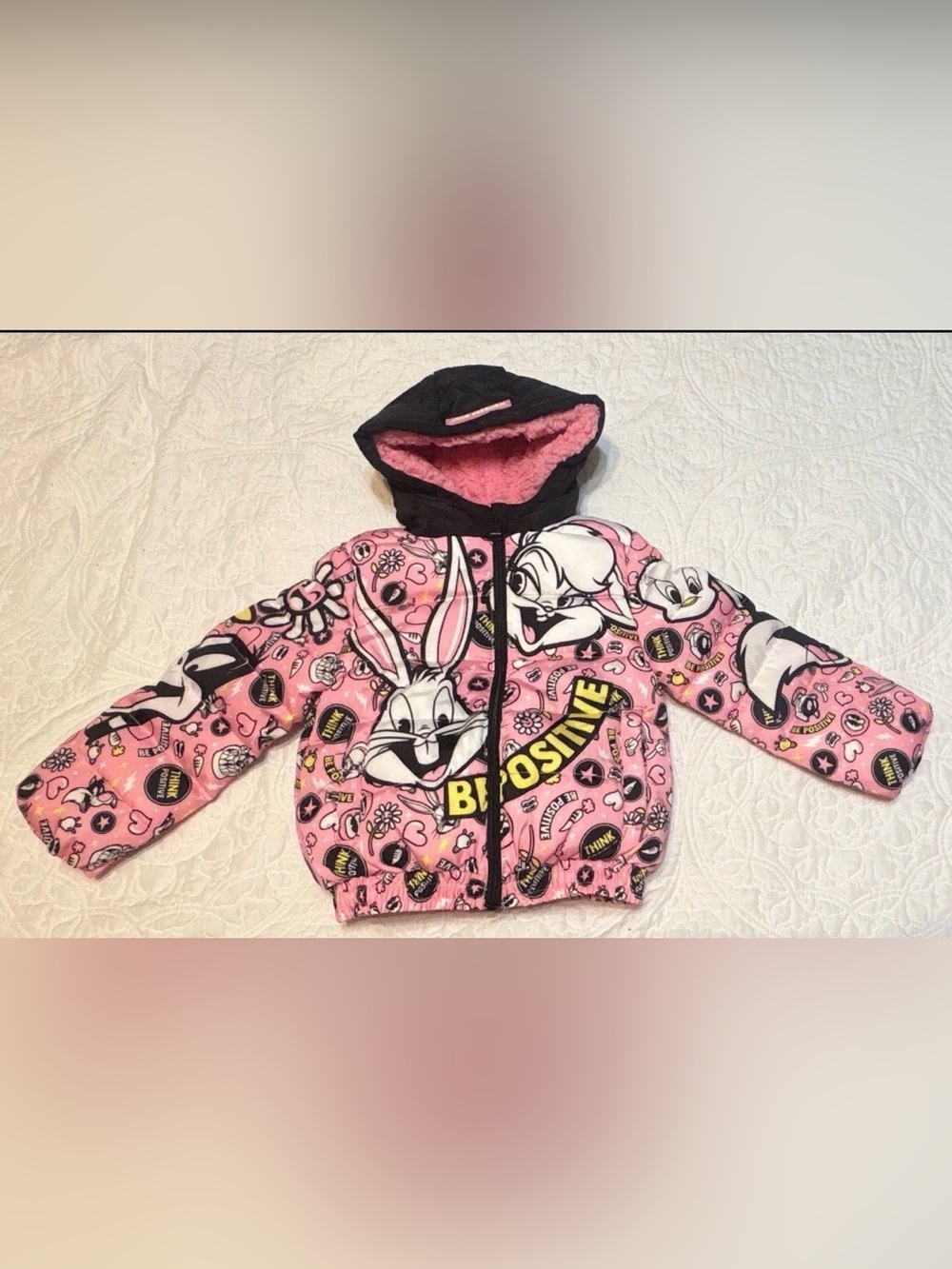 Members Only Pink Looney Tunes Girls Pink Hooded Puffer Jacket Full Zip-Size 3T